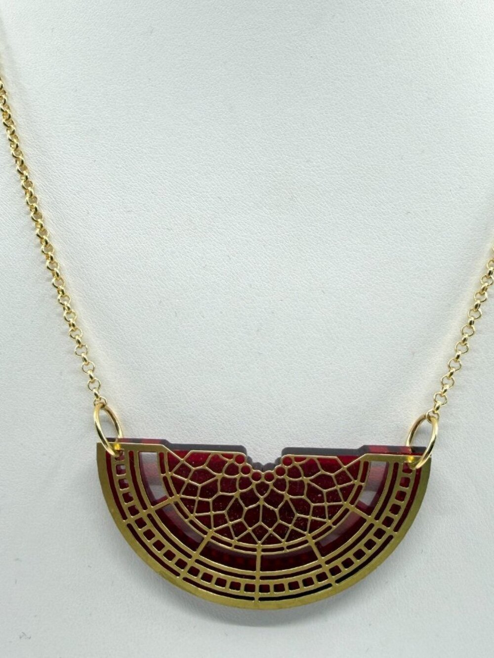 Y2K Gold Tone Semi Circle Pendant Necklace - Unique Red Statement Gift